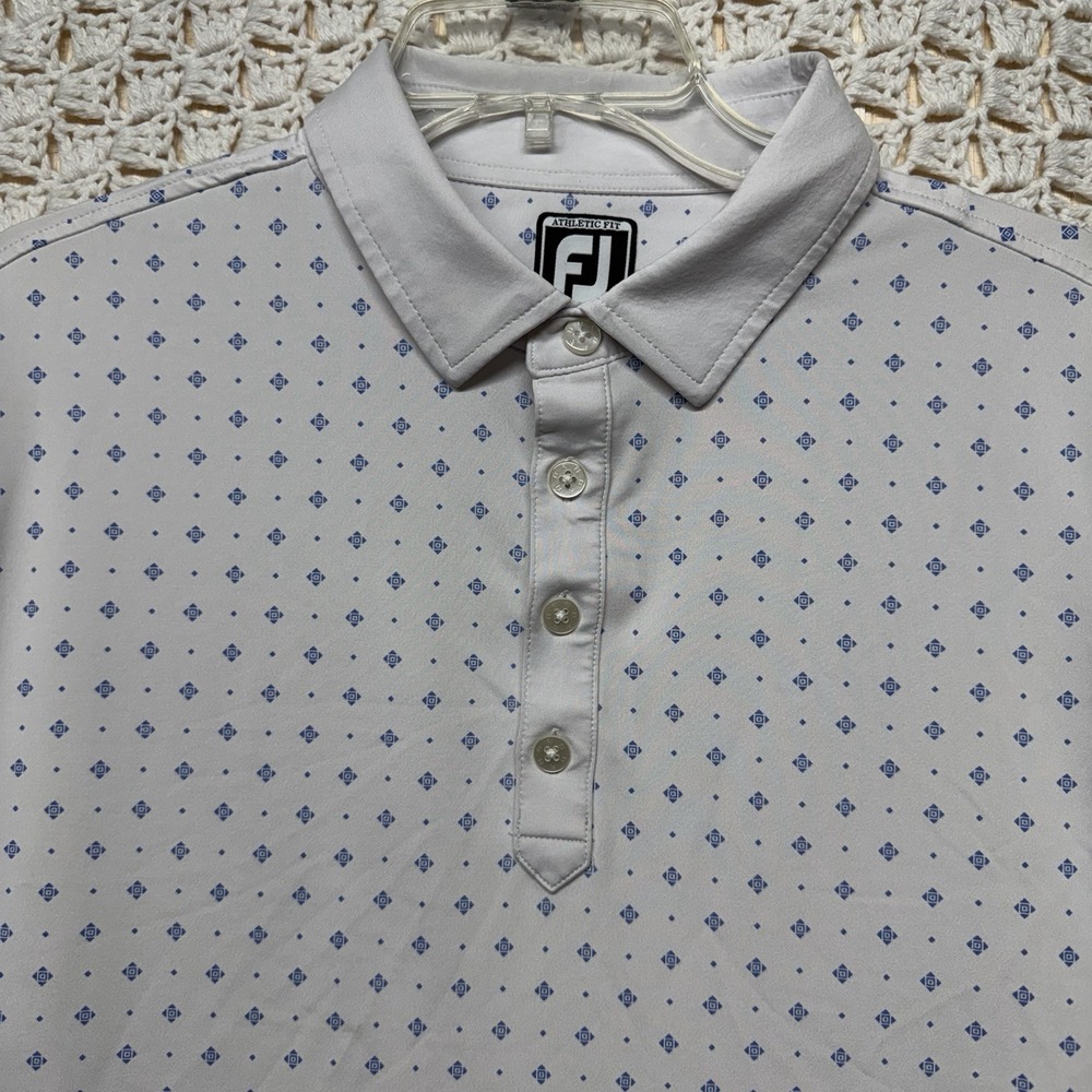 FootJoy Polo Shirt Men L White Blue Geometric Performance Athletic Fit